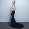 Sexy Noir Robe De Soirée 2017 Trompette / Sirène Faux Diamant Percé V-Cou Dos Nu Sans Manches Train De Balayage Fendue devant Robe De Ceremonie