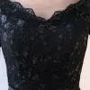 Chic / Beautiful Black Cocktail Dresses 2017 A-Line / Princess Lace V-Neck Backless Short Sleeve Asymmetrical Formal Dresses