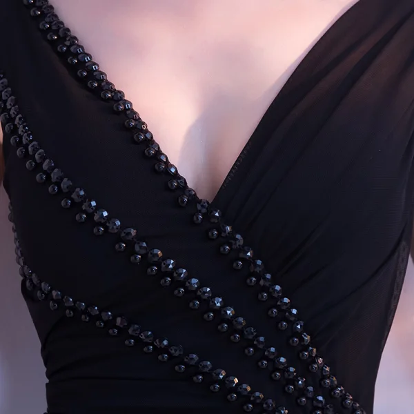 Chic / Belle Noir Robe De Soirée 2017 Trompette / Sirène Perle Cristal Perlage V-Cou Dos Nu Sans Manches Longueur Cheville Robe De Ceremonie
