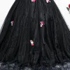 Chic / Beautiful Black Flower Fairy Prom Dresses 2017 Ball Gown Embroidered Appliques Pearl Sash Scoop Neck Backless 1/2 Sleeves Floor-Length / Long Formal Dresses