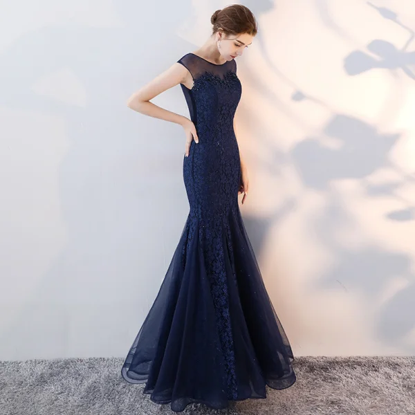 Chic / Beautiful Navy Blue Evening Dresses 2017 Trumpet / Mermaid Lace Flower Scoop Neck Sleeveless Ankle Length Formal Dresses