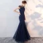 Chic / Beautiful Navy Blue Evening Dresses  2017 Trumpet / Mermaid Lace Flower Scoop Neck Sleeveless Ankle Length Formal Dresses