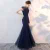 Chic / Beautiful Navy Blue Evening Dresses  2017 Trumpet / Mermaid Lace Flower Scoop Neck Sleeveless Ankle Length Formal Dresses