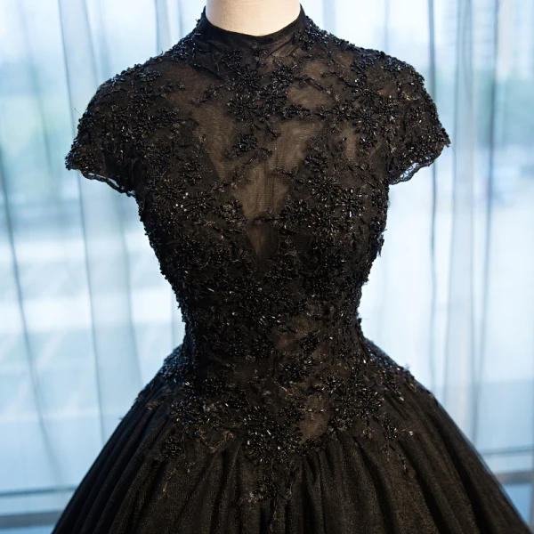 Chic / Beautiful Evening Dresses 2017 Ball Gown Lace Flower Crystal Beading High Neck Backless Short Sleeve Floor-Length / Long Formal Dresses