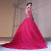 Chic / Beautiful Fuchsia Prom Dresses 2017 Ball Gown Lace Flower Pearl Scoop Neck Backless Long Sleeve Court Train Formal Dresses