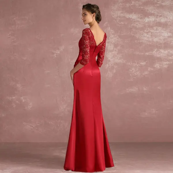 Chic / Beautiful Burgundy Mother Of The Bride Dresses 2018 Trumpet / Mermaid Lace Scoop Neck Backless 3/4 Sleeve Floor-Length / Long Wedding Party Dresses