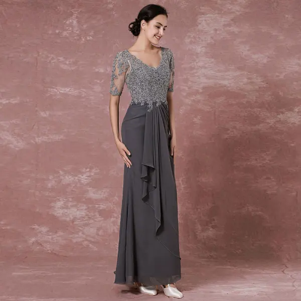 Chic / Beautiful Grey Mother Of The Bride Dresses 2018 Trumpet / Mermaid Lace Sequins V-Neck Backless 1/2 Sleeves Ankle Length Wedding Party Dresses
