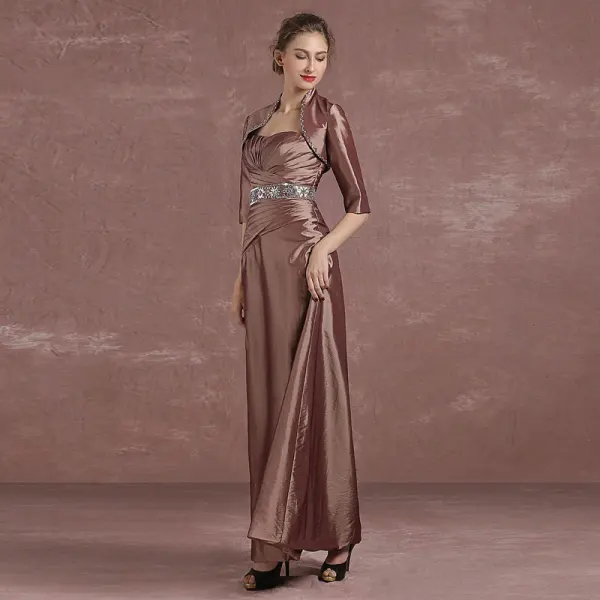 Chic / Beautiful Brown Mother Of The Bride Dresses 2018 A-Line / Princess Crystal Sequins Strapless 1/2 Sleeves Ankle Length Wedding Party Dresses