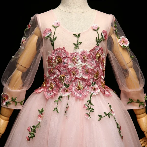Chic / Beautiful Blushing Pink Flower Girl Dresses 2017 A-Line / Princess Lace Appliques Pearl Scoop Neck 3/4 Sleeve Floor-Length / Long Wedding Party Dresses