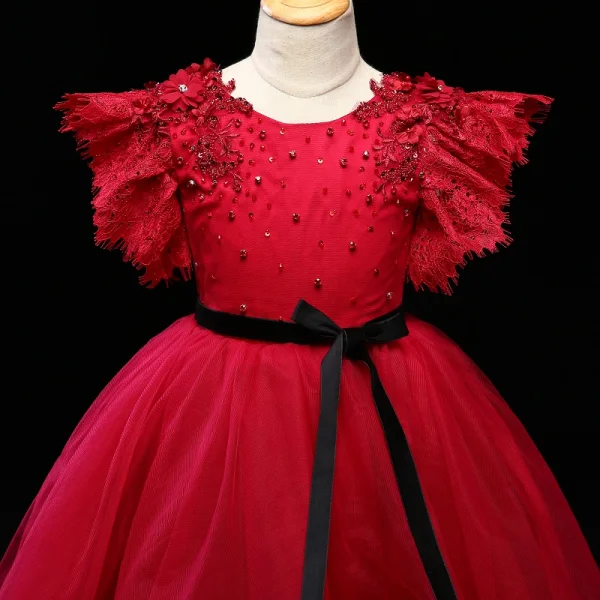 Chic / Beautiful Burgundy Flower Girl Dresses 2017 Ball Gown Crystal Appliques Bow Scoop Neck Backless Short Sleeve Asymmetrical Wedding Party Dresses