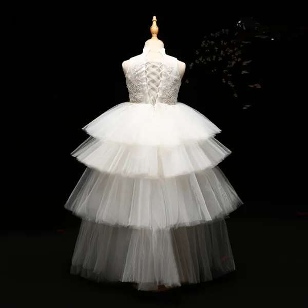 Chic / Beautiful Detachable Flower Girl Dresses 2017 Ball Gown Lace Appliques Crystal High Neck Sleeveless Asymmetrical Wedding Party Dresses
