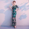 Unique Vert Foncé Robe De Soirée 2018 Trompette / Sirène En Dentelle Fleur V-Cou Manches Courtes Longueur Cheville Robe De Ceremonie