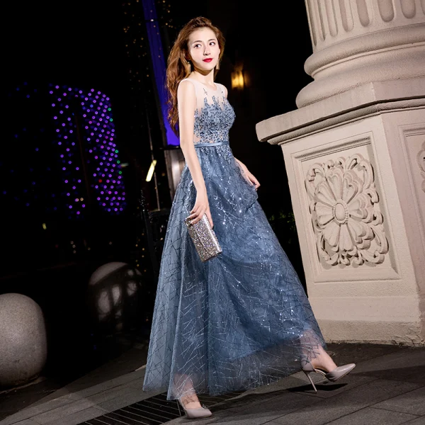 Scintillantes Océan Bleu Robe De Soirée 2018 Princesse Appliques En Dentelle Fleur Perlage Perle Paillettes Ceinture Encolure Dégagée Dos Nu Sans Manches Longue Robe De Ceremonie