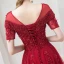 Charming Burgundy Evening Dresses  2018 A-Line / Princess Scoop Neck Beading Crystal Lace Flower Short Sleeve Sequins Backless Floor-Length / Long Formal Dresses