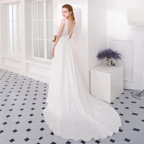 Modern / Fashion Ivory Evening Dresses 2018 A-Line / Princess Lace Flower Split Front V-Neck Backless Sleeveless Court Train Formal Dresses