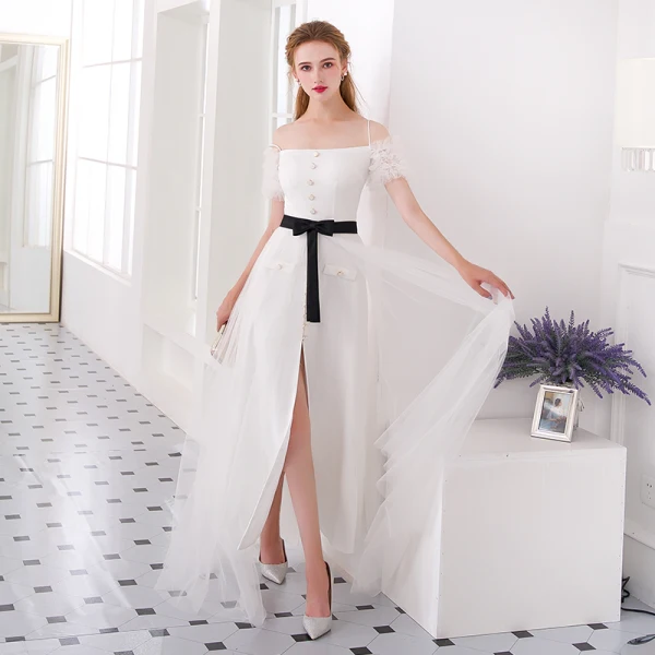 Modern / Fashion Ivory Formal Dresses 2018 A-Line / Princess Spaghetti Straps Backless Short Sleeve Ankle Length Evening Dresses