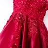 Chic / Beautiful Burgundy Evening Dresses  2018 A-Line / Princess Lace Flower Crystal Rhinestone Sequins Spaghetti Straps Backless Short Sleeve Sweep Train Formal Dresses