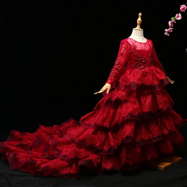 Chic / Beautiful Burgundy Flower Girl Dresses 2017 Ball Gown Lace Appliques Crystal Sequins Scoop Neck 3/4 Sleeve Court Train Wedding Party Dresses