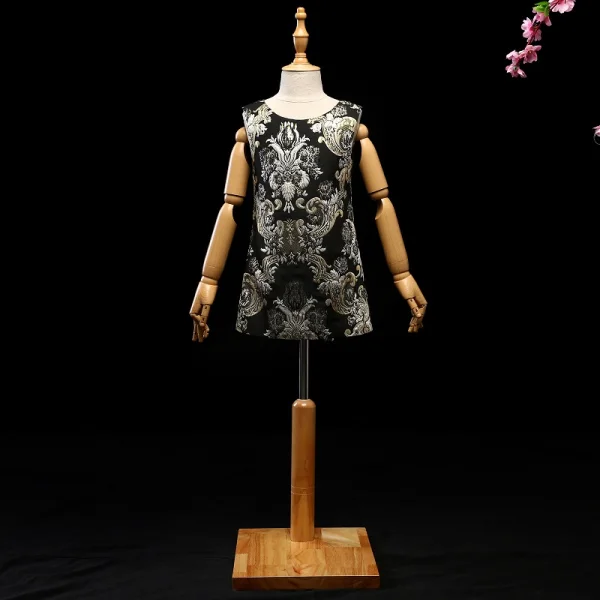 Unique Noire Doré 2 Pièces Robe Ceremonie Fille 2017 Glitter Fleur Plumes Encolure Dégagée Sans Manches Courte Robe Pour Mariage