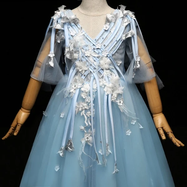 Chic / Beautiful Pool Blue Flower Girl Dresses 2017 Appliques Tassel Pearl V-Neck Backless 1/2 Sleeves Ankle Length A-Line / Princess Wedding Party Dresses