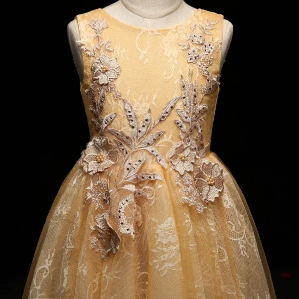 Chic / Beautiful Champagne Flower Girl Dresses 2017 A-Line / Princess Lace Appliques Pearl Sequins Scoop Neck Backless Sleeveless Ankle Length Wedding Party Dresses