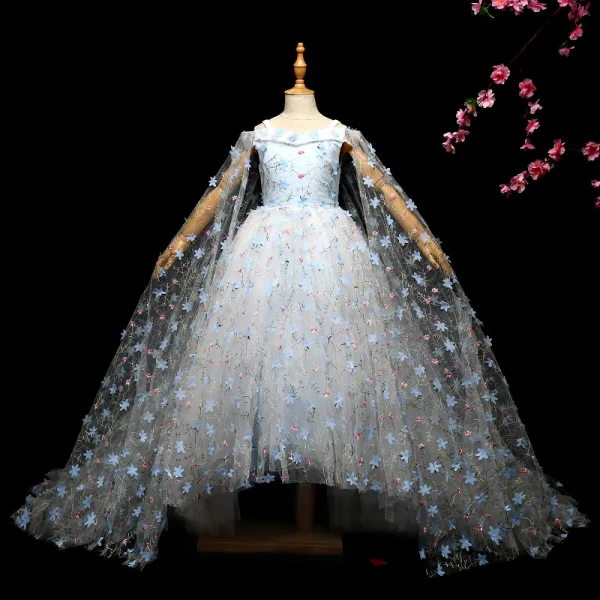 Elegant Sky Blue Flower Girl Dresses 2017 Ball Gown Lace Appliques Strapless Sleeveless Court Train Wedding Party Dresses