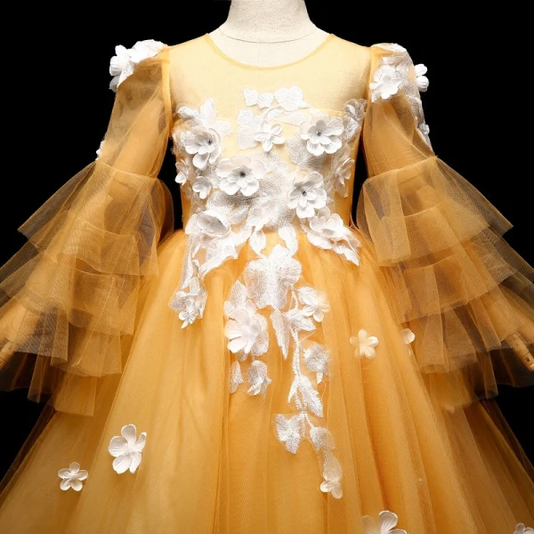 Chic / Beautiful Yellow Flower Girl Dresses 2017 A-Line / Princess Appliques Scoop Neck Long Sleeve Sweep Train Wedding Party Dresses