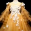 Chic / Beautiful Yellow Flower Girl Dresses 2017 A-Line / Princess Appliques Scoop Neck Long Sleeve Sweep Train Wedding Party Dresses