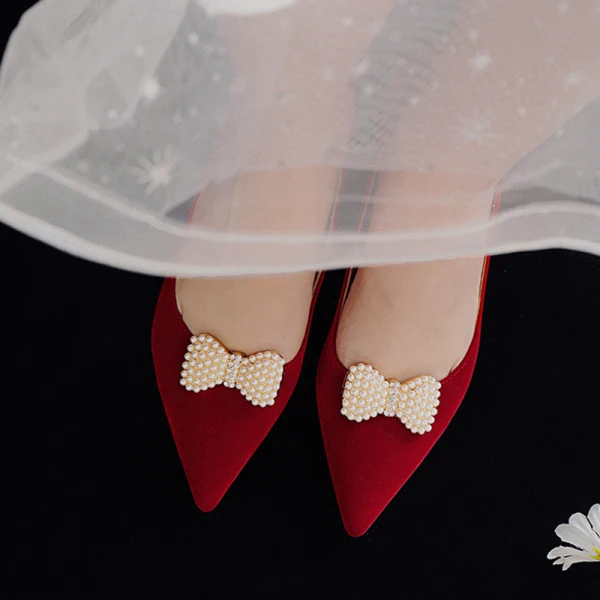 Elegant Red Pearl Bow Wedding Shoes 2021 5 cm Thick Heels Block Heels Pointed Toe Wedding Pumps High Heels