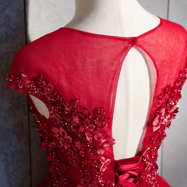 Chic / Beautiful Burgundy Evening Dresses 2018 A-Line / Princess Appliques Lace Flower Beading Crystal Sequins Scoop Neck Backless Cap Sleeves Floor-Length / Long Formal Dresses