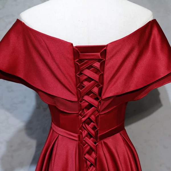 Modest / Simple Burgundy Evening Dresses 2018 A-Line / Princess Buttons Bow Off-The-Shoulder Backless Short Sleeve Floor-Length / Long Formal Dresses