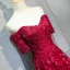Charming Burgundy Evening Dresses  2018 A-Line / Princess Beading Crystal Lace Flower Rhinestone Off-The-Shoulder Backless Short Sleeve Court Train Formal Dresses
