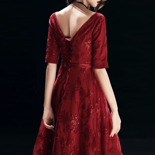 Chic / Beautiful Burgundy Evening Dresses  2018 A-Line / Princess Lace Sequins Sash V-Neck Backless 1/2 Sleeves Floor-Length / Long Formal Dresses