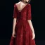 Chic / Beautiful Burgundy Evening Dresses  2018 A-Line / Princess Lace Sequins Sash V-Neck Backless 1/2 Sleeves Floor-Length / Long Formal Dresses