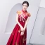 Chinese style Burgundy Evening Dresses  2018 A-Line / Princess Bow Embroidered High Neck Backless Cap Sleeves Floor-Length / Long Formal Dresses