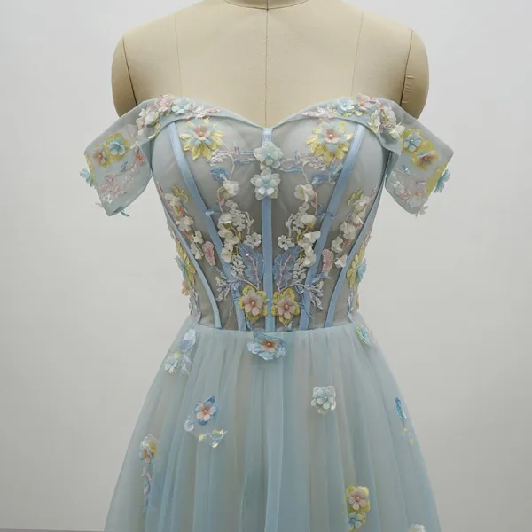 Chic / Beautiful Sky Blue Prom Dresses 2018 A-Line / Princess Lace Flower Appliques Pearl Off-The-Shoulder Backless Short Sleeve Floor-Length / Long Formal Dresses