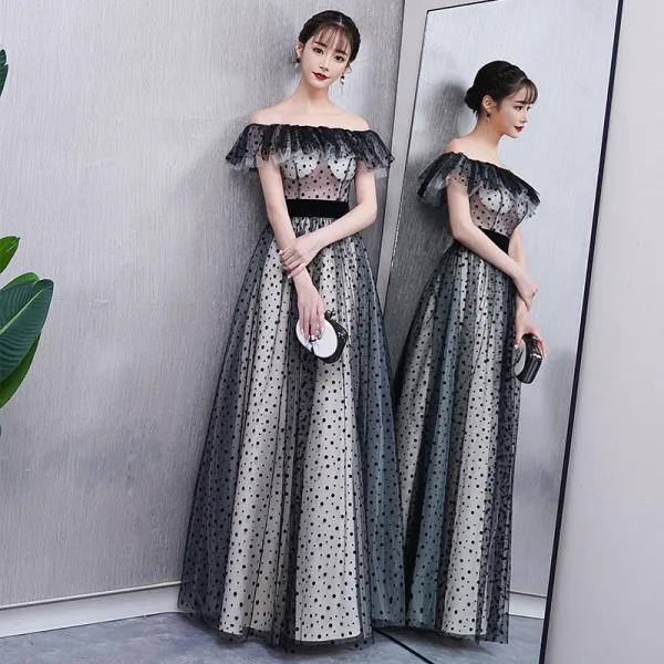 Modern / Fashion Black Prom Dresses 2018 A-Line / Princess Spotted Off-The-Shoulder Backless Short Sleeve Floor-Length / Long Formal Dresses