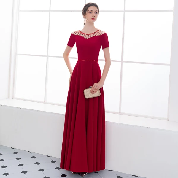Chic / Belle Bordeaux Robe De Soirée 2018 Princesse Volants Cristal Encolure Dégagée Manches Courtes Longue Robe De Ceremonie