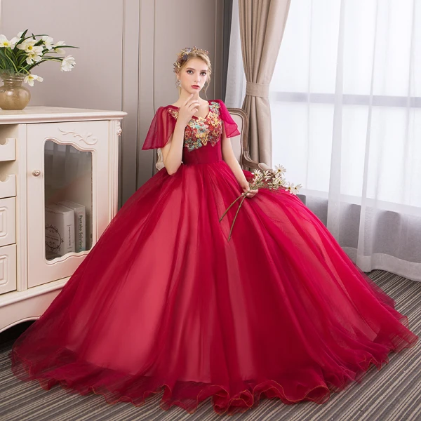 Affordable Burgundy Prom Dresses 2018 Ball Gown Lace Appliques Rhinestone V-Neck Backless Short Sleeve Floor-Length / Long Formal Dresses