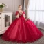 Affordable Burgundy Prom Dresses 2018 Ball Gown Lace Appliques Rhinestone V-Neck Backless Short Sleeve Floor-Length / Long Formal Dresses