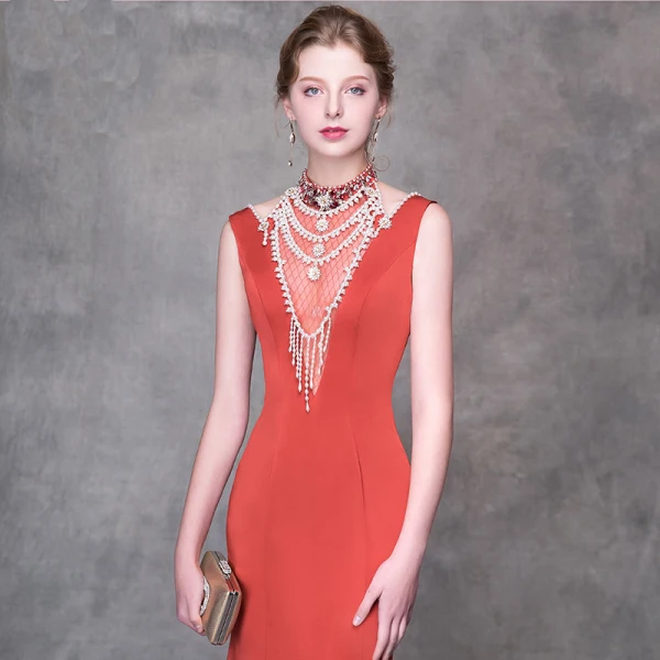 Luxury / Gorgeous Orange Evening Dresses 2018 Trumpet / Mermaid Beading Crystal Pearl High Neck Backless Sleeveless Sweep Train Formal Dresses