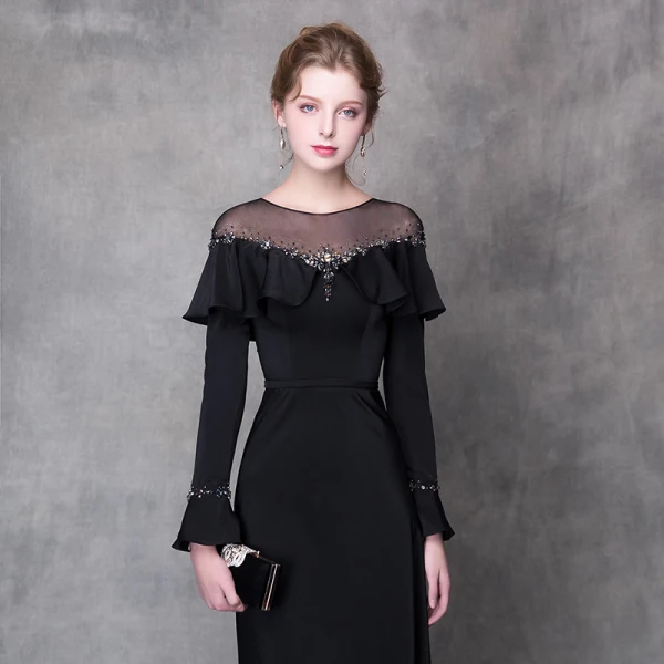 Élégant Noir Robe De Soirée 2018 Trompette / Sirène Cristal Faux Diamant Ceinture Encolure Dégagée Manches Longues Train De Balayage Robe De Ceremonie