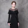 Elegant Black Evening Dresses  2018 Trumpet / Mermaid Crystal Rhinestone Sash Scoop Neck Long Sleeve Sweep Train Formal Dresses