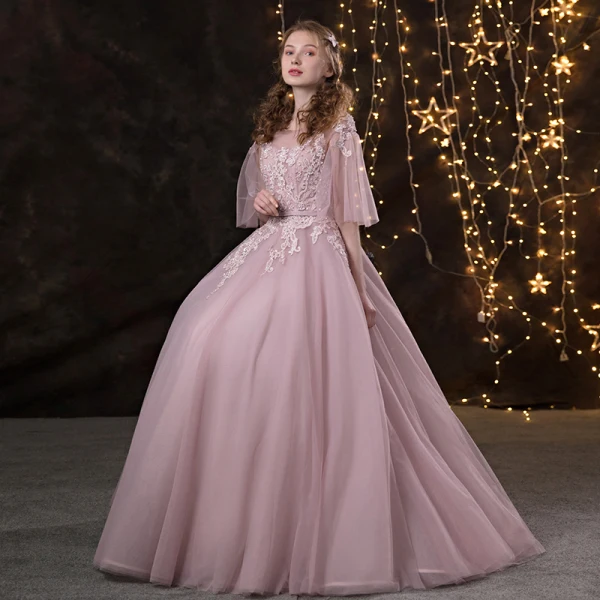 Chic / Beautiful Blushing Pink Prom Dresses 2018 A-Line / Princess Lace Appliques Pearl Sash Scoop Neck Backless 3/4 Sleeve Floor-Length / Long Formal Dresses
