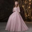 Chic / Beautiful Blushing Pink Prom Dresses 2018 A-Line / Princess Lace Appliques Pearl Sash Scoop Neck Backless 3/4 Sleeve Floor-Length / Long Formal Dresses