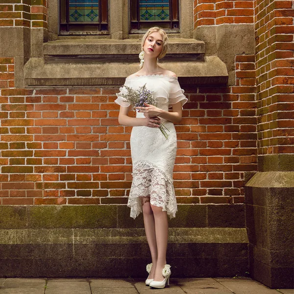 Stunning Ivory Wedding Dresses 2017 Trumpet / Mermaid Lace Off-The-Shoulder Backless Short Sleeve Detachable Chapel Train