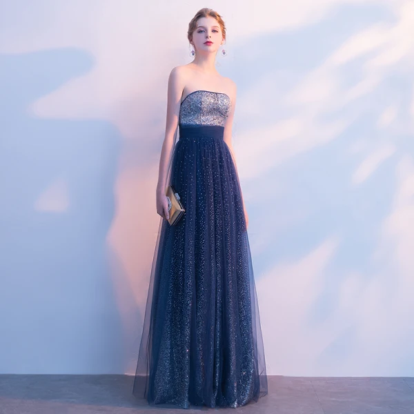 Scintillantes Bleu Marine Ciel étoilé Robe De Soirée 2017 Princesse Glitter Faux Diamant Bustier Dos Nu Sans Manches Longue Robe De Ceremonie