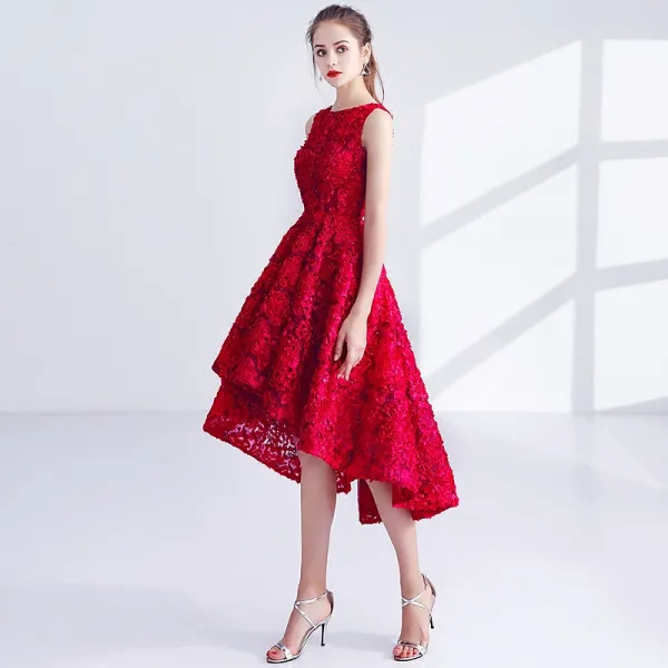 Chic Beautiful Red Cocktail Dresses 2017 A Line Princess Metal Sash Embroidered Scoop Neck Sleeveless Asymmetrical Formal Dresses