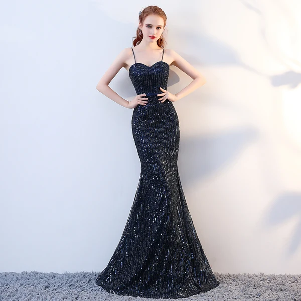 Luxe Bleu Marine Robe De Soirée 2017 Trompette / Sirène Paillettes Perlage Bretelles Spaghetti Dos Nu Sans Manches Longue Robe De Ceremonie
