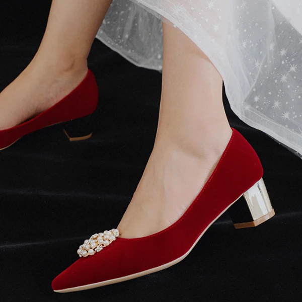 Elegant Red Wedding Shoes 2021 Pearl 5 cm Thick Heels Block Heels Pointed Toe Wedding Pumps High Heels